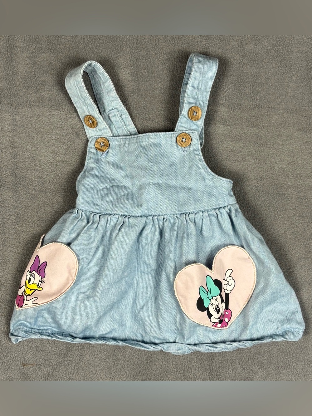 Disney Baby Minnie Daisy Chambray Denim Overall Bubble Dress Romper 0-3M EUC